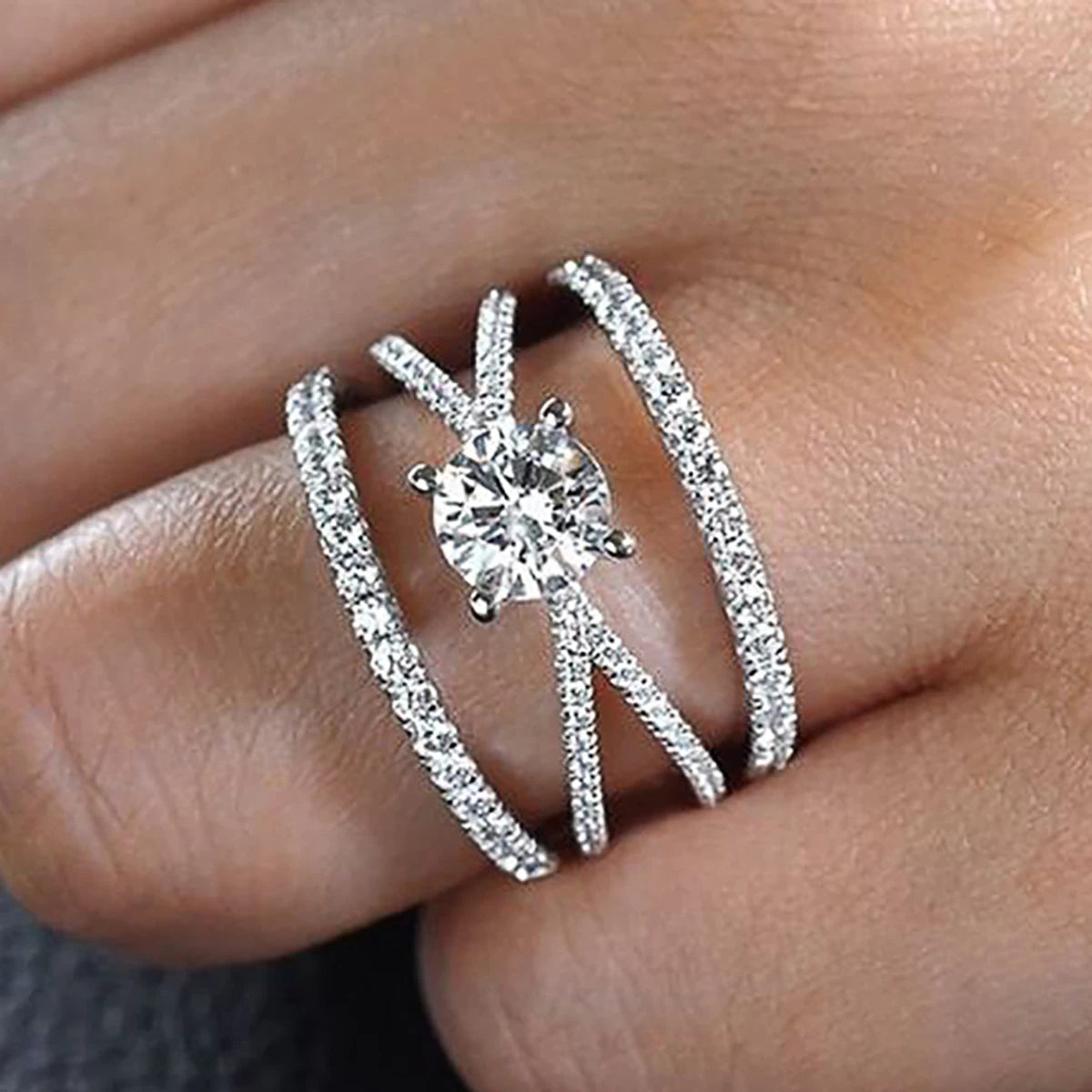 CAOSHI Trend Exquisite Multi Line Cross Design Imitated Diamond Silver Plated Band Rings for Women Wedding Engagement CZ Rings