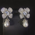 SENYU Elegant Wedding Jewelry Micro Pave White CZ Four - Petaled Clover Flower Earrings with Water Drop Pearl
