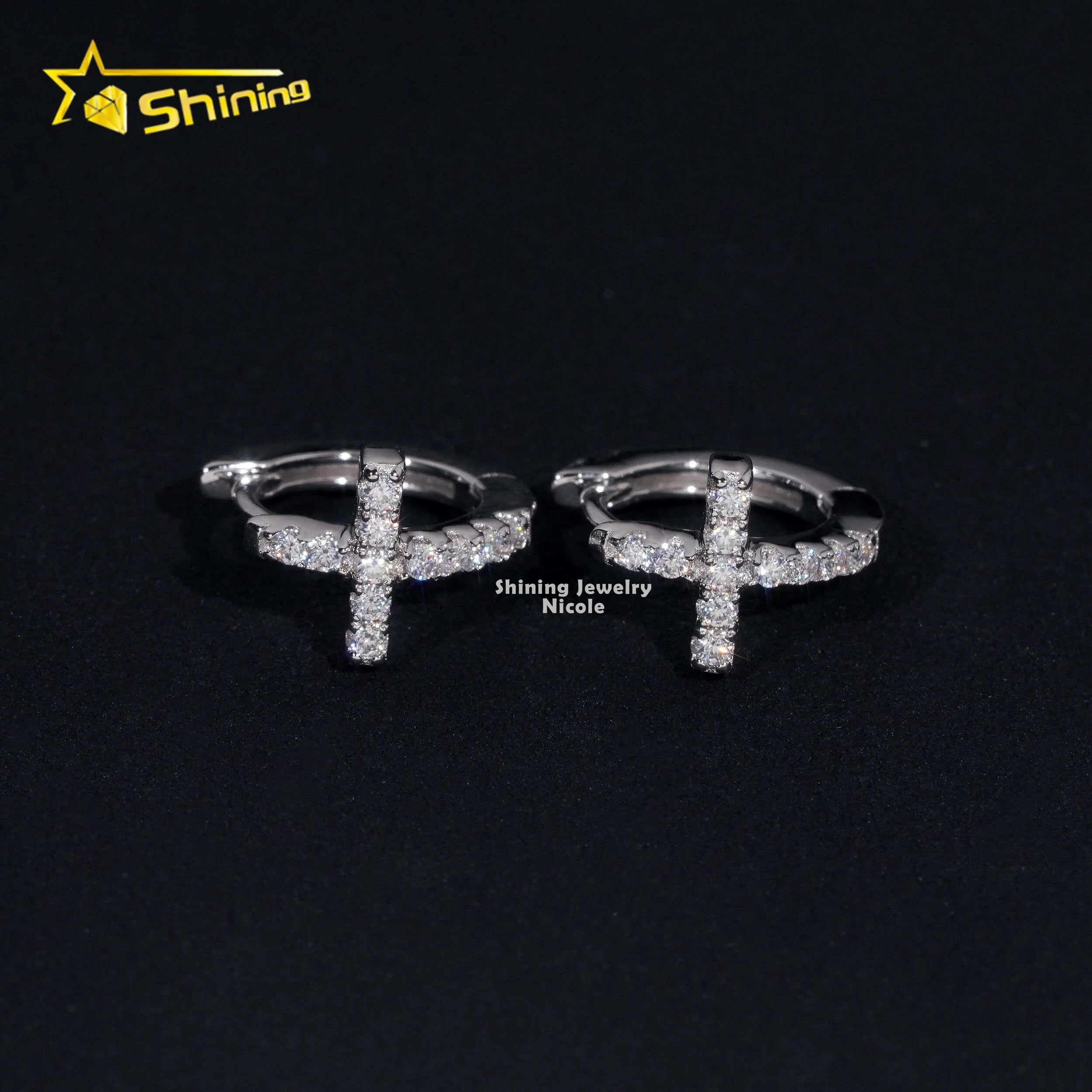 Ready to Ship Pass Diamond Tester Hip Hop Cross Shining 925 Silver Moissanite Hoop Earrings