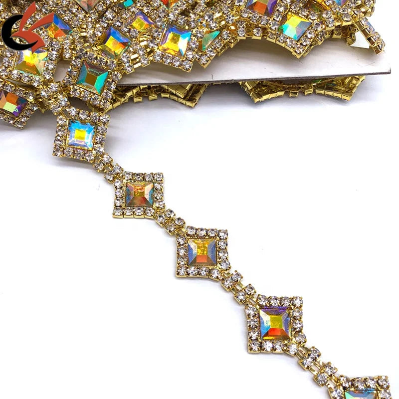 Yellow AB square Shape Crystals Rhinestone Chain Trimming for Garment Dress Costume Decoration