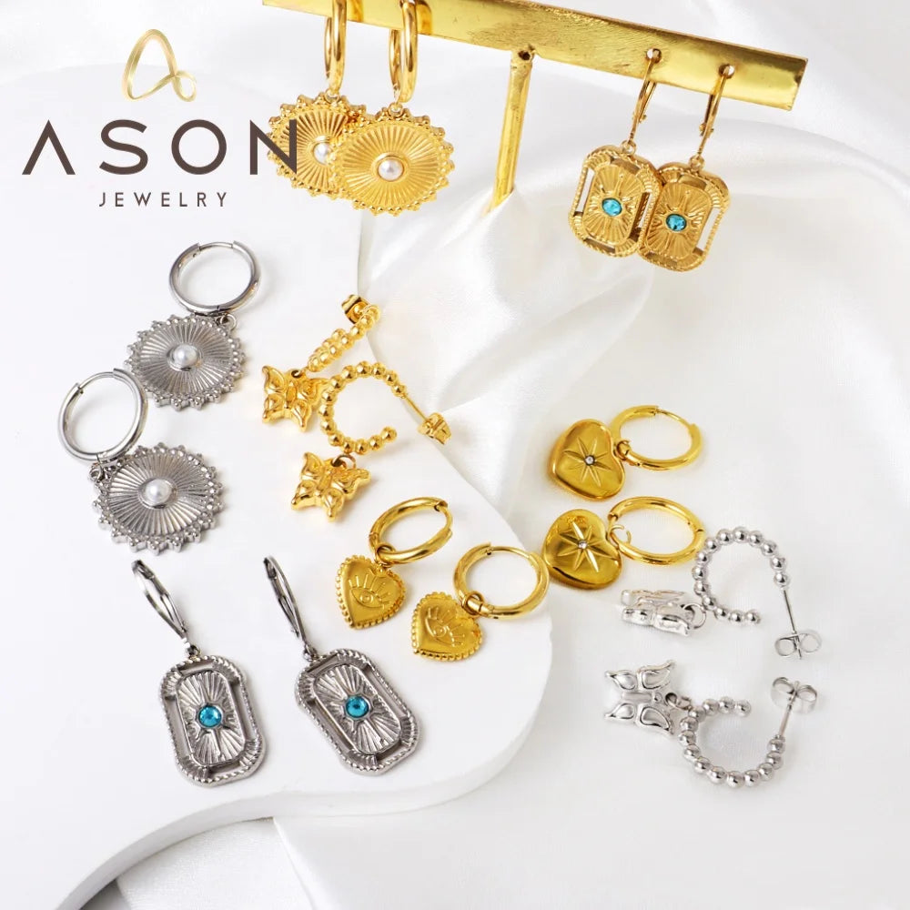 Ason European INS Style Stainless Steel Vintage Female Earrings Sun Heart Shape Butterfly Eye Jewelry Zircon Pearl Hoop Earrings