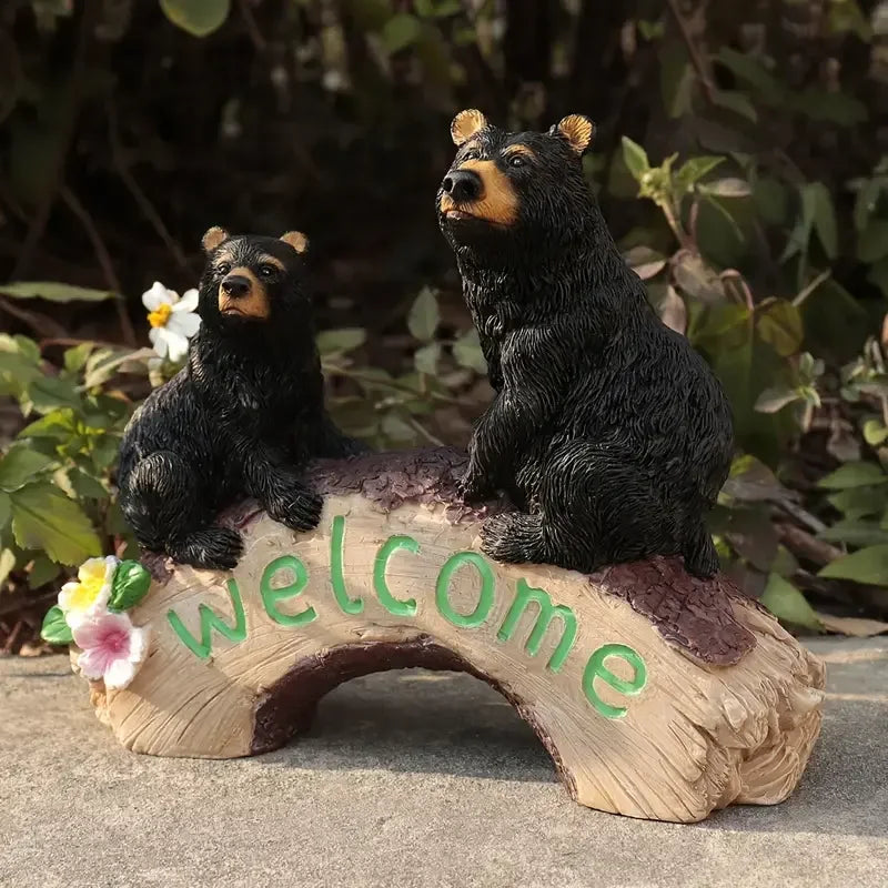 Resin Black Bear Christmas Figurine Welcome Statue Cute Hand-painted Floral Textured Detail Wildlife Garden Entryway Decor