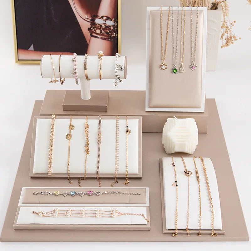 Luxury DIY Design Bracelet Display Necklace Bangle Watch Stand Holder Champagne White Leather Jewelry Display Props Showcase