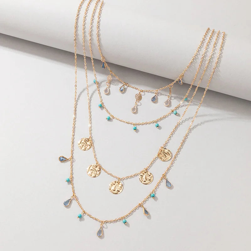 Europe and America Fashion 4 Layers Colored Beads Stars Pearl Pendant Necklaces Bohemian Multi Layered Necklace