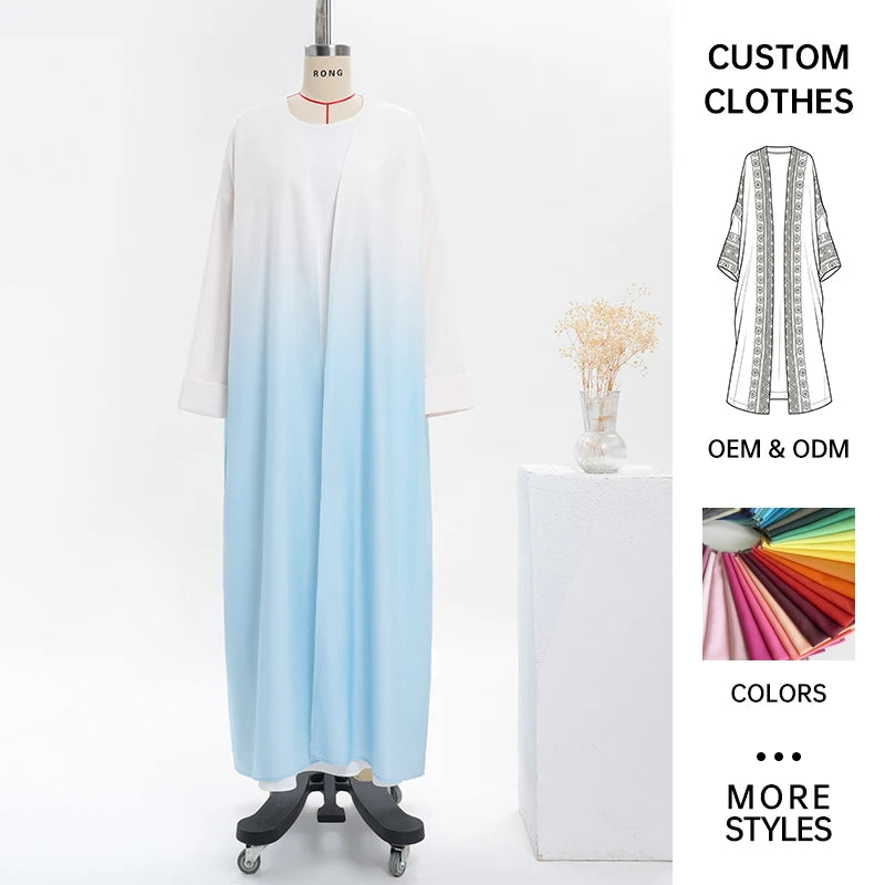 Stock Two Tone Gradient Open Abaya Dress Wholesale 2 Pieces White Blue Muslim Cardigan Kimono Inner Dress Ser