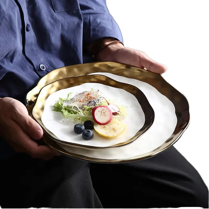 Ceramic Gold Edge Western Cuisine Steak Plate Restaurant Flat Dinner Dish Salad Tableware Sets Ceramic Dinnerware
