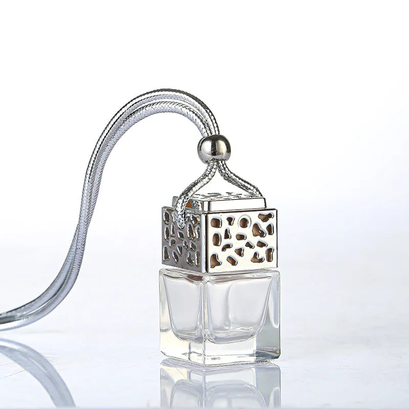 Square Shape Glass Car Perfume Bottles Pendant 8ml Perfume Hanging Car Diffuser Bottle with Wooden Lid