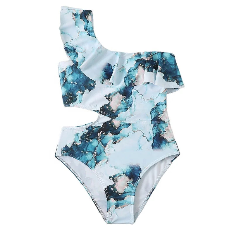 XCTM-552208 Eco Friendly Swimwear Women's One Shoulder Swimwear One Piece Cut Out Design Beachwear Print Swimsuit