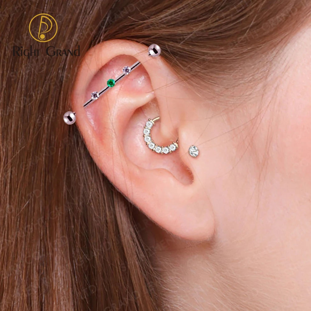 Clear Zircon Industrial Barbell 14G Titanium Internal Thread Prong Set