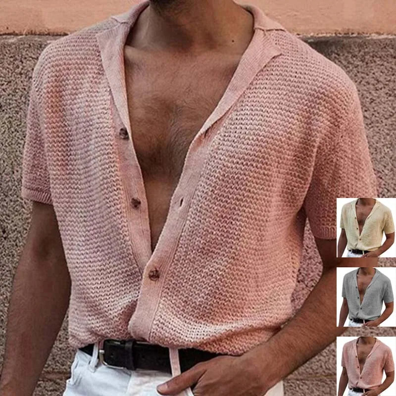 Summer Men's Short Sleeve Retro Casual Knit Sweater Thin Loose Polo Shirt Solid Color T-Shirt 2024 New