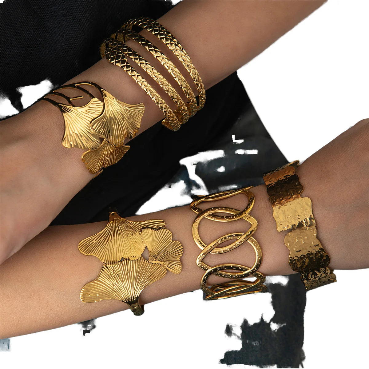 Women's Trendy Lady Stainless Steel Hand Fashion Jewelry Gift-Open Wide Leaf Geometry Cuff Bracelets Waterproof Accessories