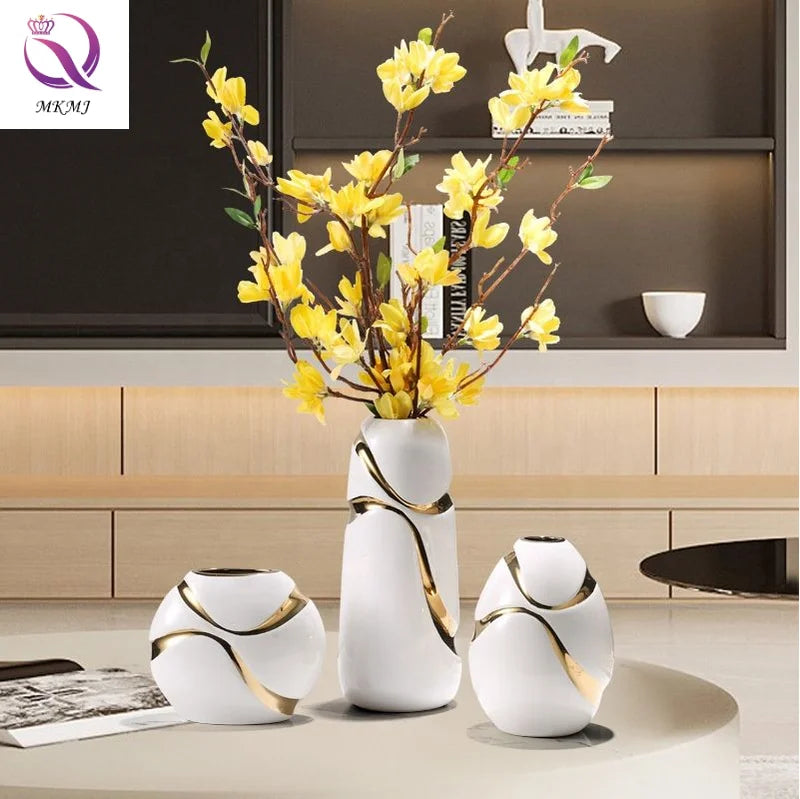 Three Piece Combination Ceramic Vase Elegant Exquisite Flower Arrangement Vase Set for Living Room Bedroom and Desk Decoration