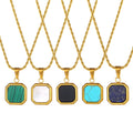 Dainty 18K Gold Turquoise Shell Pendant Stainless Steel Rope Chain Square Lapis Lazuli Enamel Malachite Onyx Stone Necklace