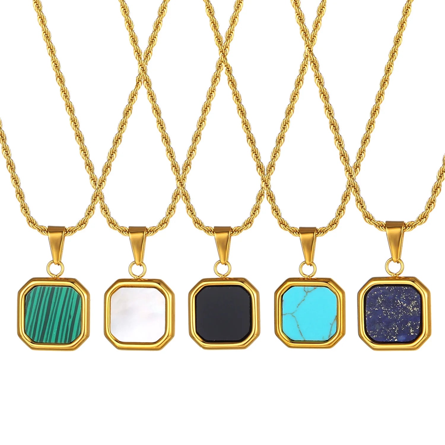 Dainty 18K Gold Turquoise Shell Pendant Stainless Steel Rope Chain Square Lapis Lazuli Enamel Malachite Onyx Stone Necklace