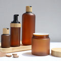 PET Bottles Jars Amber Color Matte Finish PP Plastic Cosmetic Packaging Bamboo Lids for Personal Care 500g Capacity Custom Logo