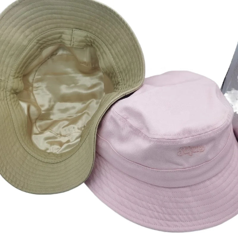 Oversized Bucket Hat Custom Embroidered 65cm Cotton Beige and Pink Satin Inside for Daily Casual Fishing Travel