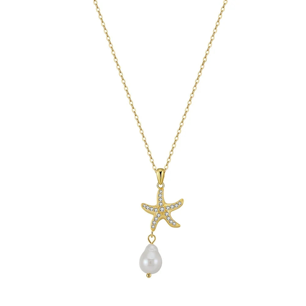 Rinnin GPN85 Sea Series Starfish Cultured Freshwater Pearl Pendant 925 Sterling Silver Necklace for Women Wholesale
