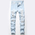 RNSHANGER New Men's Ripped Casual Summer Solid Medium Wash Light Blue Hip-hop High Street Non-stretch Straight Slim Denim Jeans