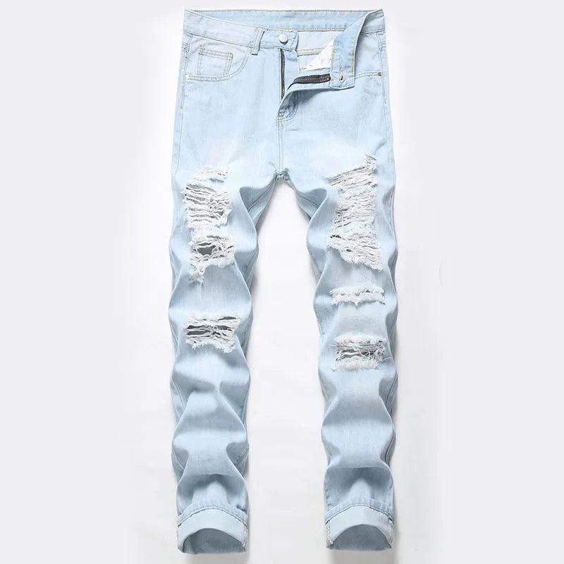 RNSHANGER New Men's Ripped Casual Summer Solid Medium Wash Light Blue Hip-hop High Street Non-stretch Straight Slim Denim Jeans