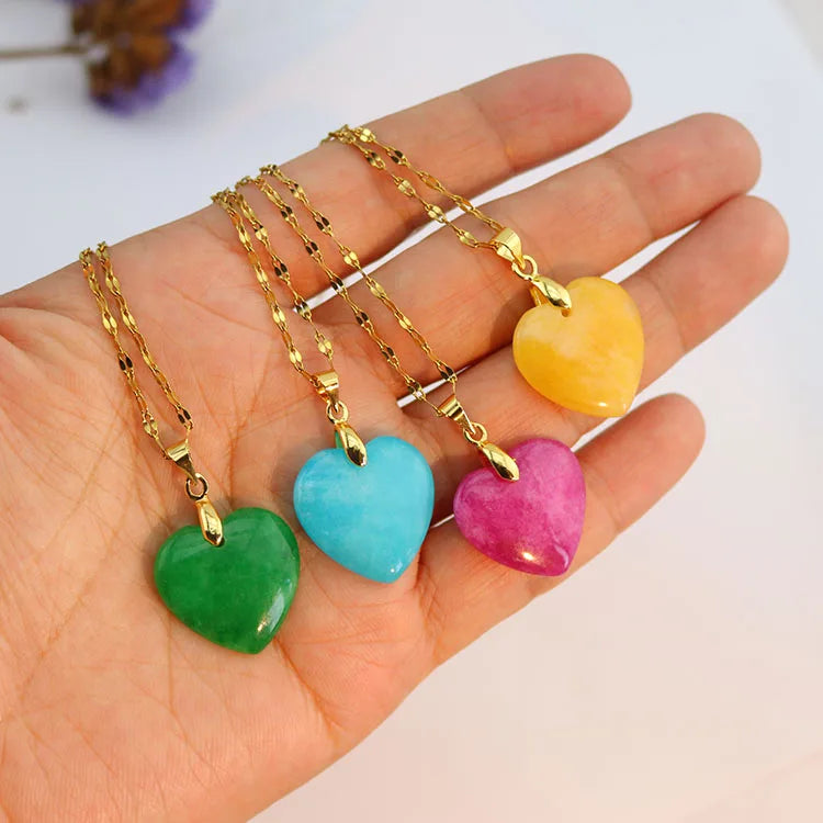 NN1174 Chic Natural Gemstone Green Jade Heart Pendant 18K Gold Plated Stainless Steel Lip Chain Necklace for Women