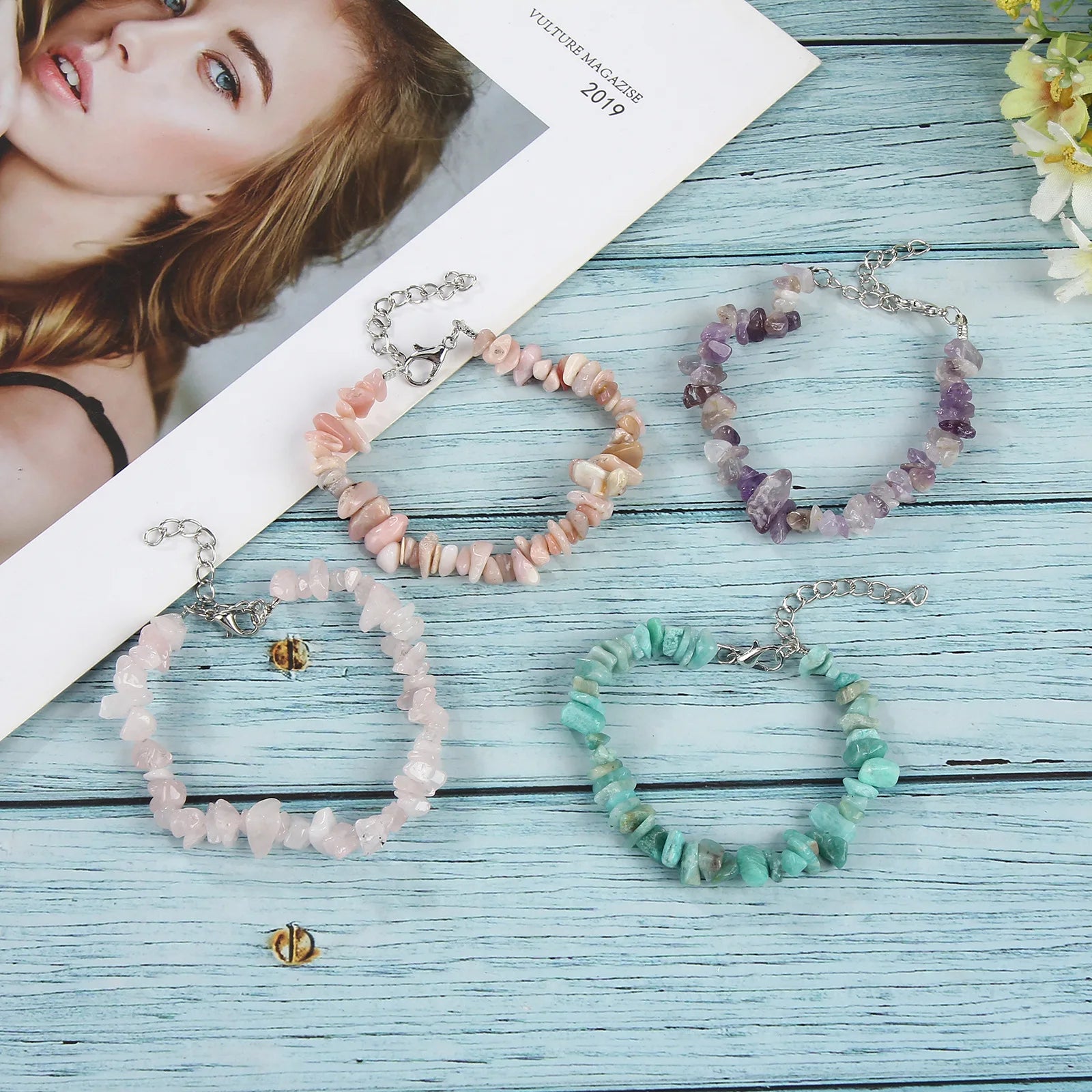 Latest Boho Crushed Adjustable Bracelet Dainty Natural Raw Gemstone Jewelry Gift for Women Wedding Crystal Beaded Bracelet Agate