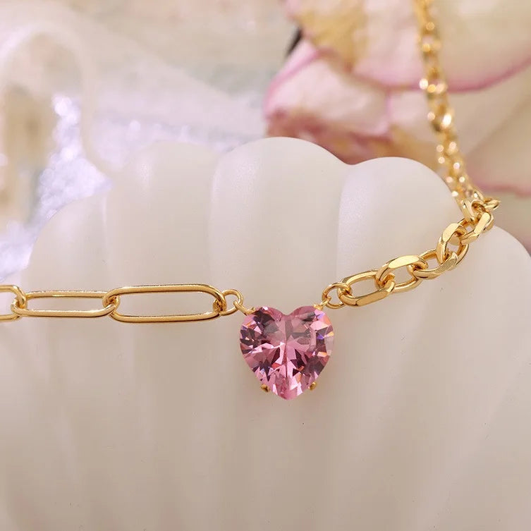 18k Gold Plated Pink Heart Zirconia Pendant Necklace Mixed Chain Necklace Trendy Stainless Steel