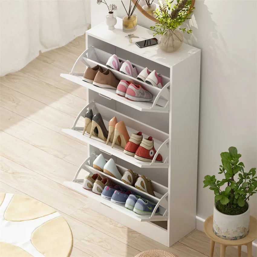 Chinese Shandong Modern Room Hallway Cloakroom Entryway Custom Made Furniture White MDF + Metal Shoe Storage Cabinet Organizers