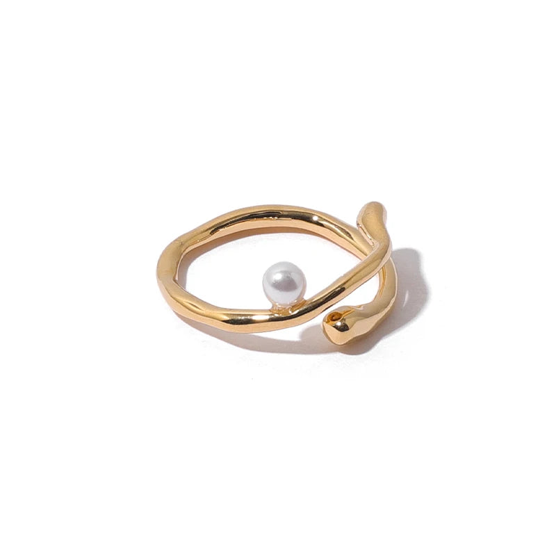 Wholesale Trendy Simple Gold Plated Irregular Opening Ring Retro Pearl Rings for Women Jewelry Gift