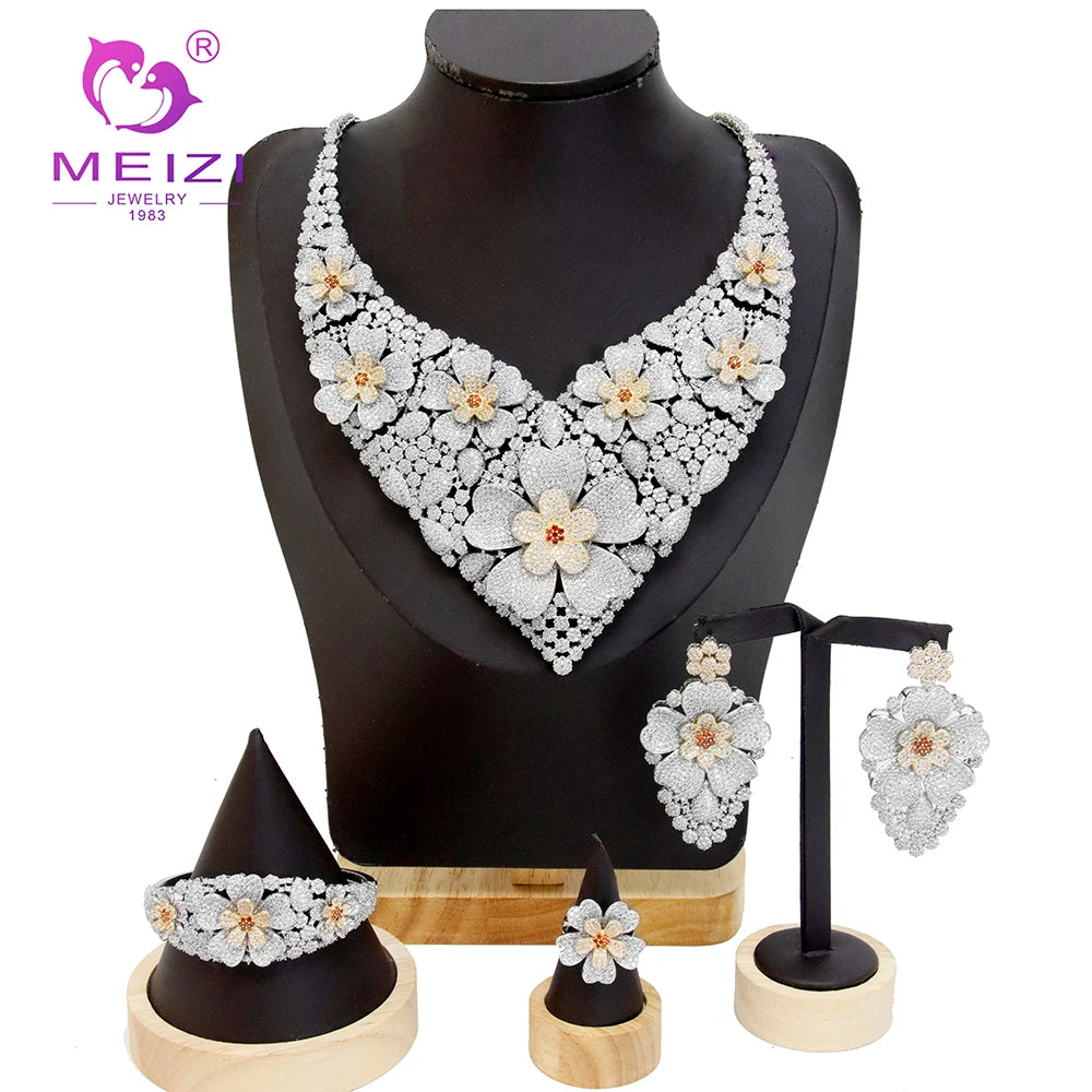 MEIZI Luxury Women's Big Necklace Set Hyperbole Bridal Jewelry with Cubic Zirconia for Wedding Engagement Party Gift