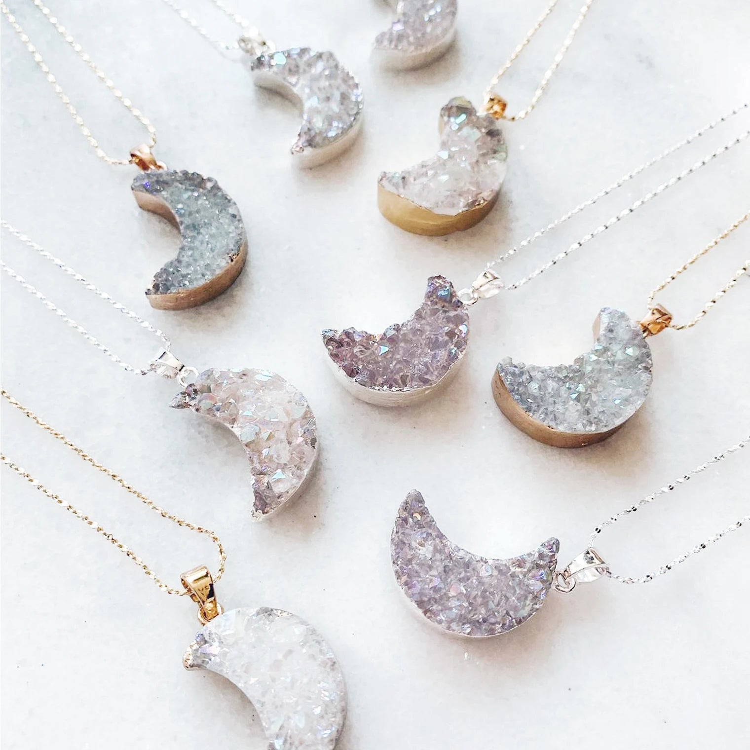 Custom Fashion Natural Druzy Stone 18k Gold 925 Sterling Silver Moon Star Crystal Pendant Necklace for Women Jewelry
