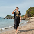 New Style Black Embroidered Beach Dress Vacation Woman Kaftan