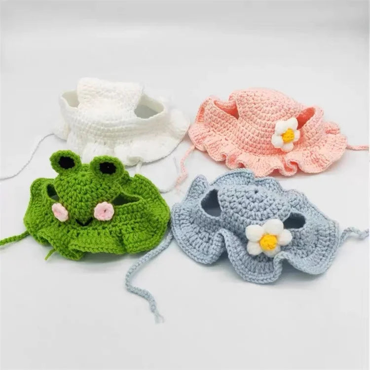 Funny Cartoon Frog Pet Hat Dog Costume Crochet Neck and Ears Warmer Knitted Snood for Cats
