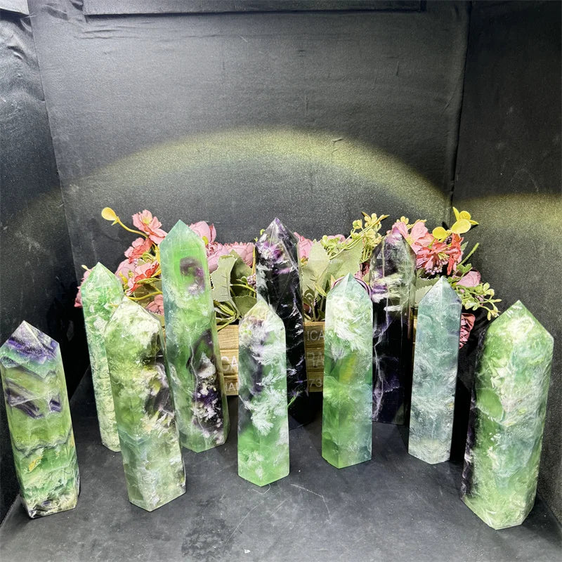 Wholesale Natural Polished Crystal Quartz Snowflake Fluorite Large Tower  for Fengshui Decoration