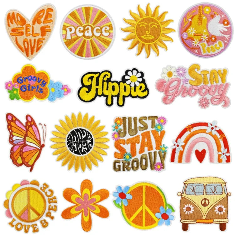 Trendy Embroidered Summer Iron on Embroidery Heat Transfer Patches Orange Yellow Sunflower Peace Hat Patches for Kids Clothing