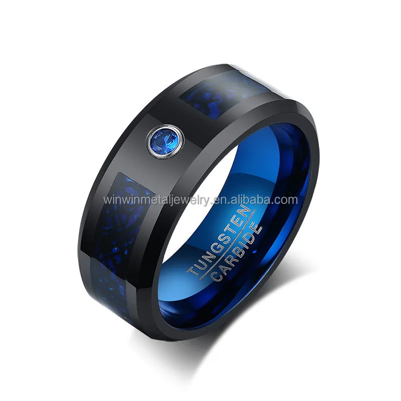 Men's Unisex Blue Carbon Fiber Tungsten Carbide Wedding Band Beveled Edges Blue Cubic Zirconia Inlay Stylish Anniversary Box