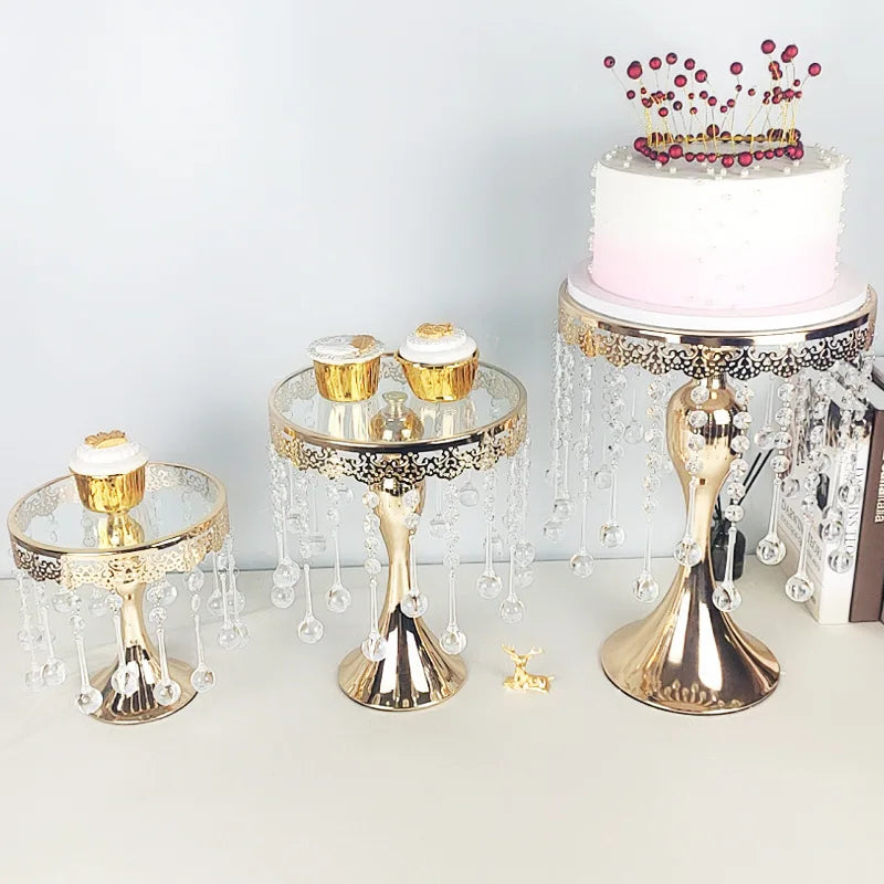 Y-Q073 Wholesale Wedding Light Luxury Cake Stands Set Buffet Cake Snack Display Stand Crystal Metal Gold Mirror Face Cake Stand