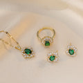 Vintage Iced Out Flower Jewelry Sets 18K Gold Plated Stainless Steel Chain Oval Emerald Zircon Inlay Necklace Earring Ring Sets