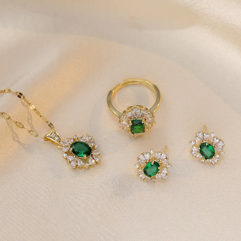 Vintage Iced Out Flower Jewelry Sets 18K Gold Plated Stainless Steel Chain Oval Emerald Zircon Inlay Necklace Earring Ring Sets