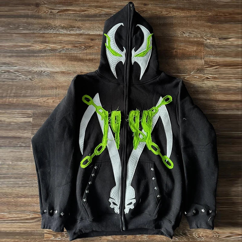 Custom High Quality Heavyweight Cotton Applique Embroidery Rivets Hoodies Oversize Sweatshirt Unisex  Full Zip up Hoodie Men