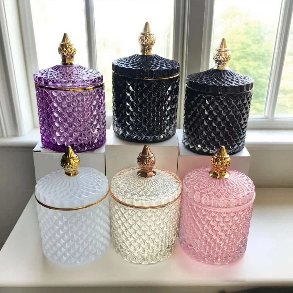 FENGJUN Wholesale Luxury Modern Wedding Decor Glass Candle Jar Diamond Cut Surface Scent Soy Wax Cylinder Christmas Glass Lid
