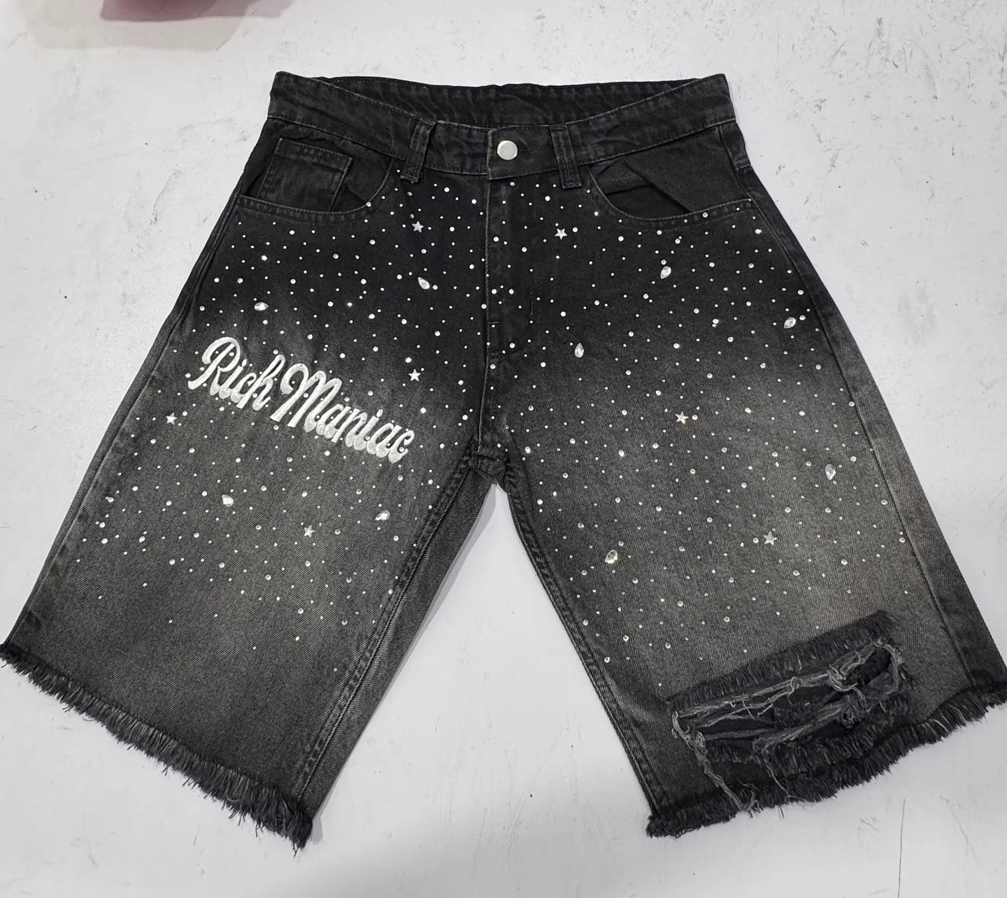 US Free Tax Men's Y2k Streetwear Rhinestone Baggy Long Jorts Oversized Acid Wash Distressed Denim Jean Shorts for Men