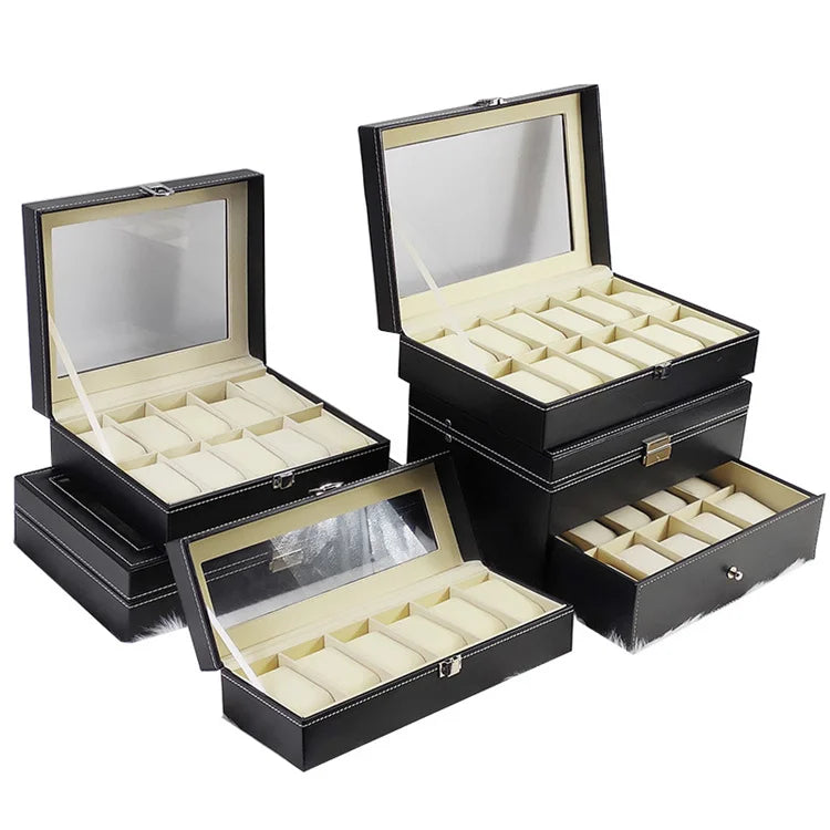 Wholesale Handmade Pu Leather 2/6/8/10/12 Slot Glass Window Watch Organizer Custom Leather Storage  Jewelry Box