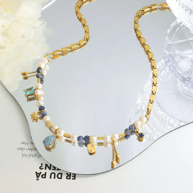 Natural Stone Freshwater Pearl Stainless Steel Pendant Necklace Copper Chain Necklace
