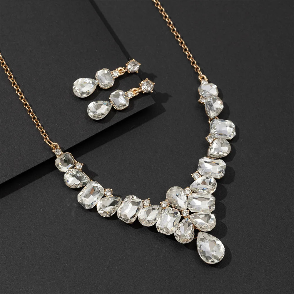 European and American Cross-border Jewelry Set with Crystal Inlay Luxurious Earrings Necklace Bride Two-piece Set