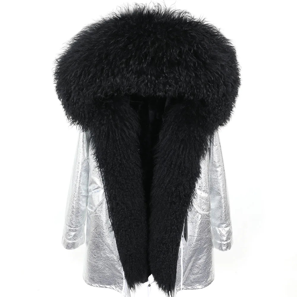 Hot Sale New Winter Fashion Long Woven Button Ladies Faux Fur Hooded Parka Coat with Detachable Hat
