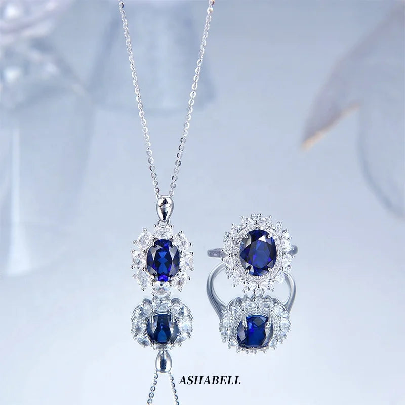 New S925 Silver Necklace Female Sapphire Pendant Diamond 5a Zircon Bridal Jewelry Set for for Women Girls