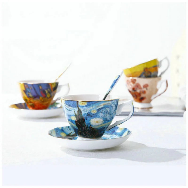 Bone China Ceramic Van Gogh Coffee Cup Saucer Sets European Retro Style Exquisite Gift Box Famous Oil Painting Design Afternoon