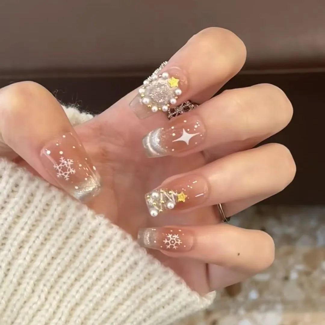 Wholesale Vendor in Bulk Handmade Reusable French Christmas Style Balls Nail Shiny Diamond Luxury ABS Press on Nails Sets
