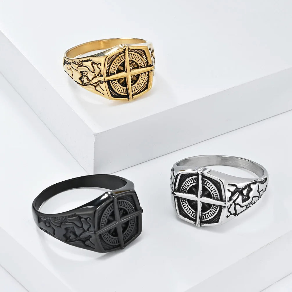 Northern Europe Navigation Stainless Steel Compass Rings Vintage Pirate Cool Silver Men Tarnish Free Ring