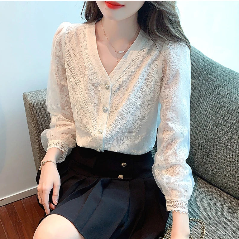 Long Sleeve White Blouse Women V-Neck Lace Blouse Shirt Women Tops Blusas Mujer De Moda Blusa Feminina 9897#